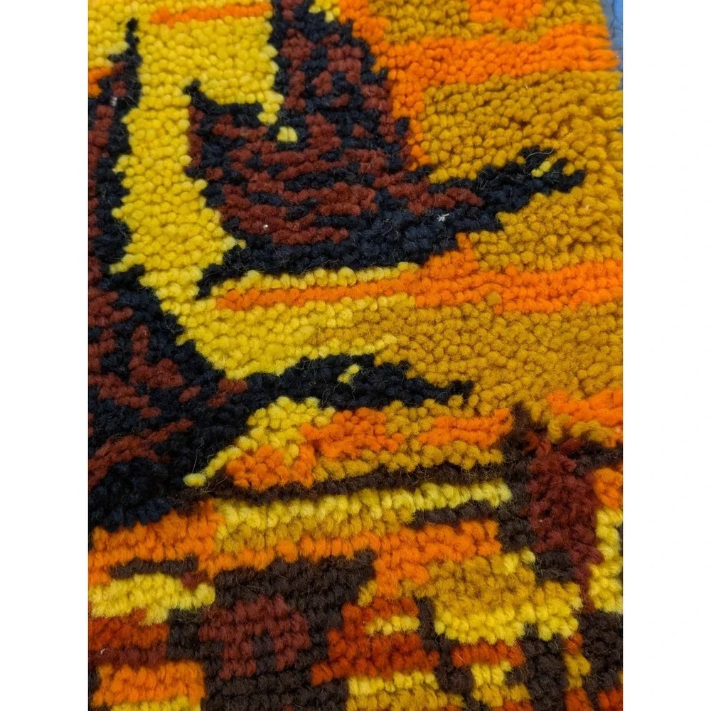 Vintage 70s Geese in Flight Latch Hook Rug Wall Hanging Sunset 24x18 Ready to...